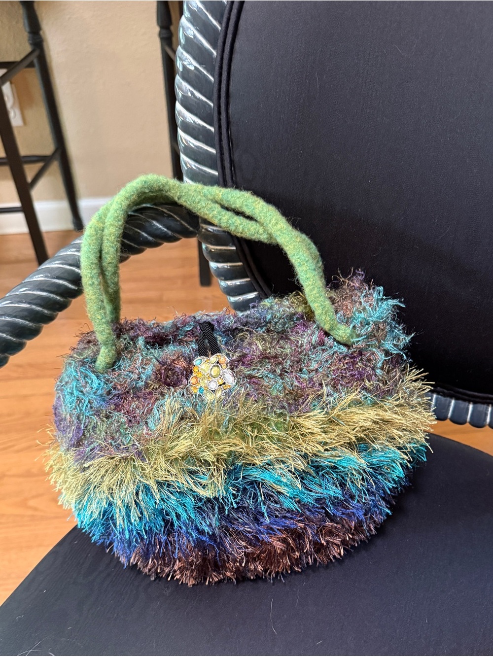 Hand Knit Felted Hand Bag, with Rhinestone Detail, New